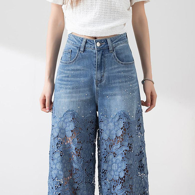 π₯ Summer Sale 50% Off Women's High-Waisted Blue Denim Wide-Leg Pants (Hollow-out Lace Panels)