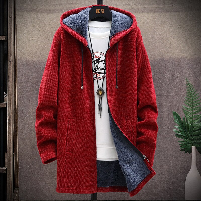 2024 Men Casual Sweaters Jacket Slim Long Thick Warm Hooded Sweater Coat