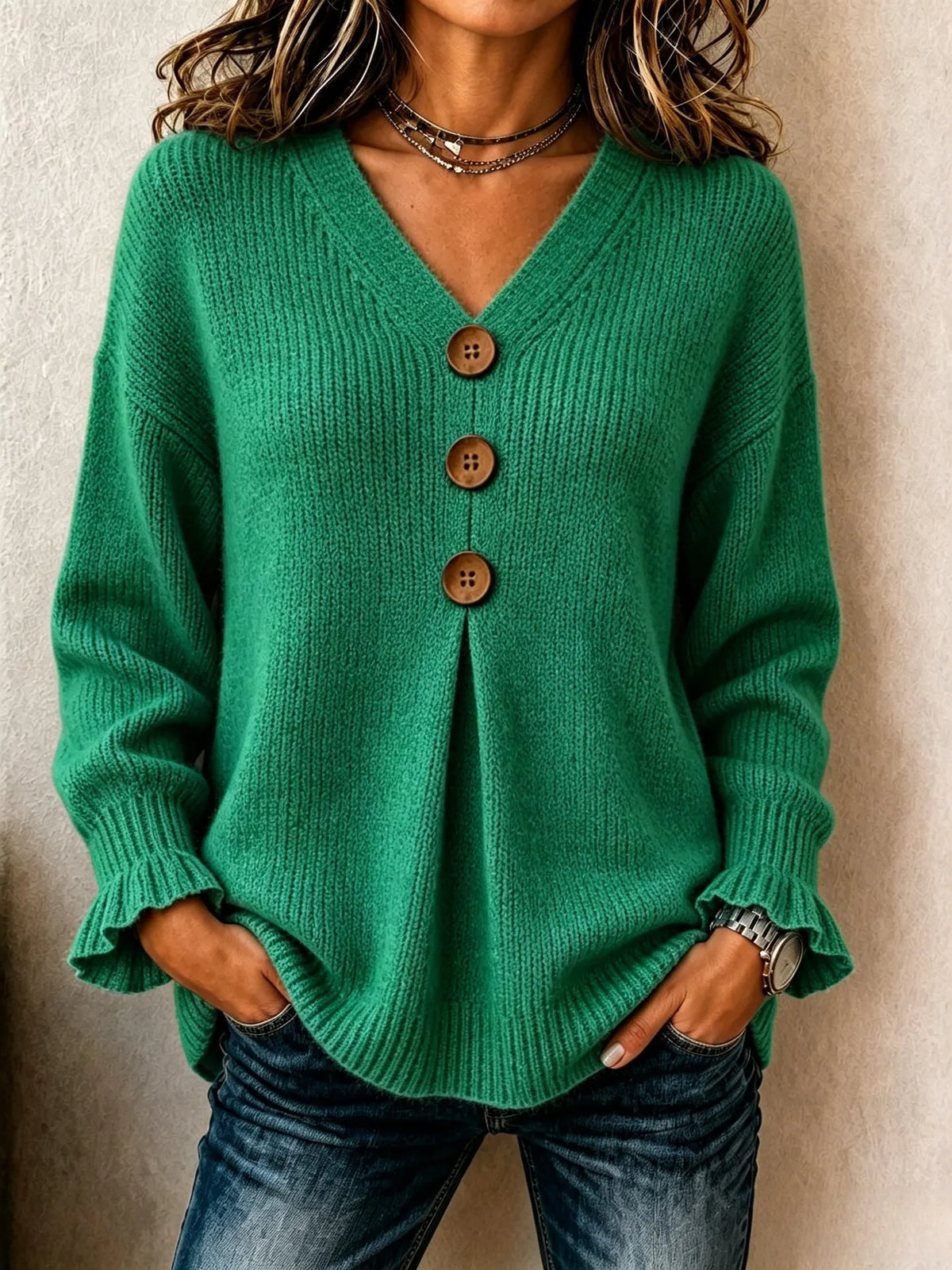 Women's Big Button Pleated V-Neck Knit Sweater
