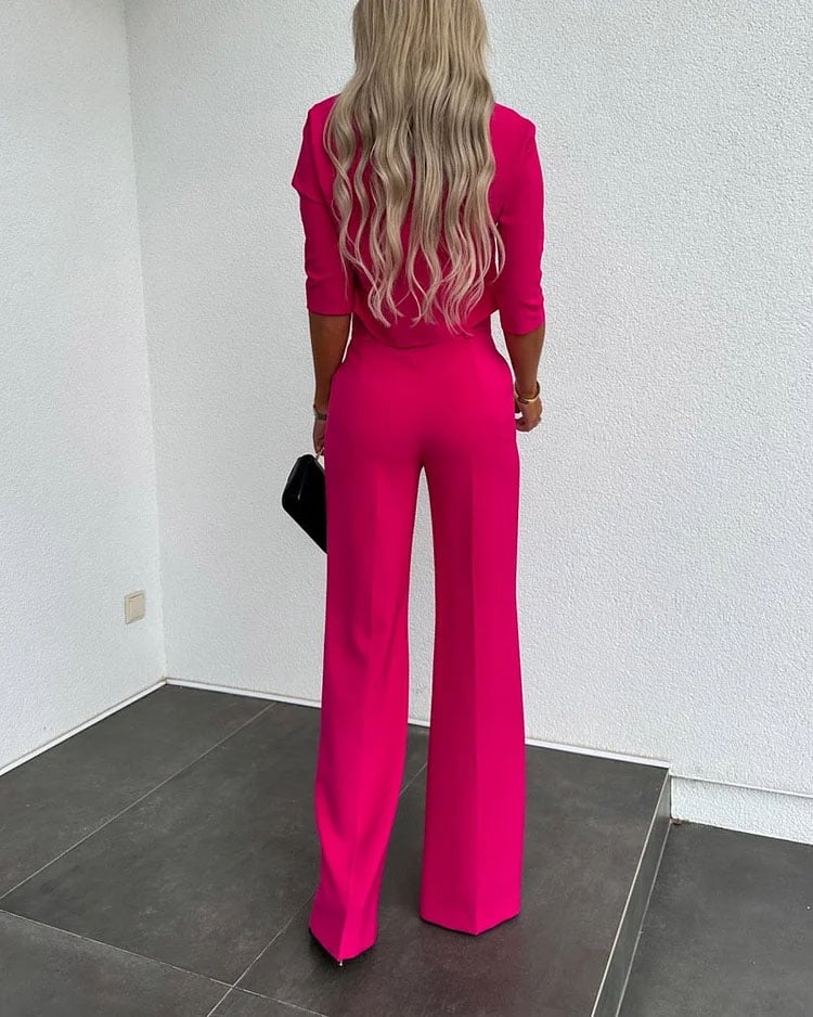 💥Hottest items this month - Solid Color Jacket & High Waist Straight Pants Set