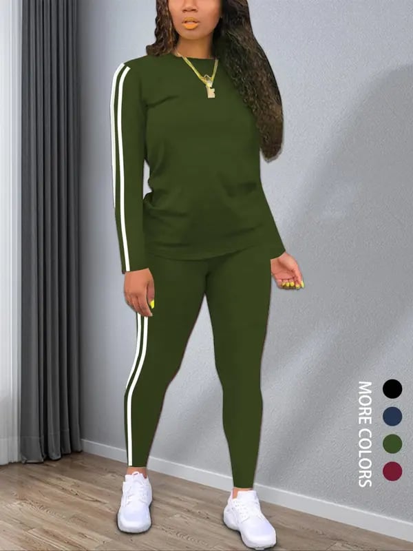 Women's Striped Print Long Sleeve Top & Pants Two-piece Set, Casual Fashion Cozy Round Neck Top & Trousers for Daily Outdoor Wear, Ladies Clothes