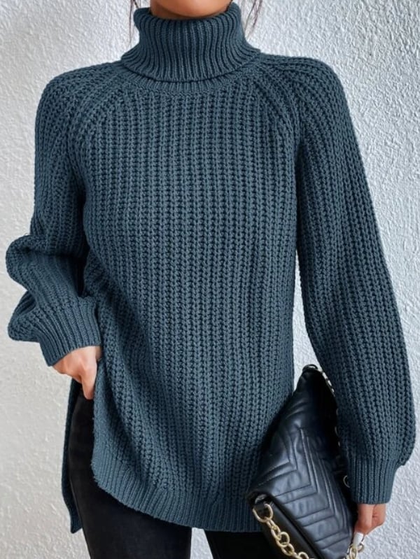 Cotton Turtleneck Raglan Sleeve Split Hem Sweater