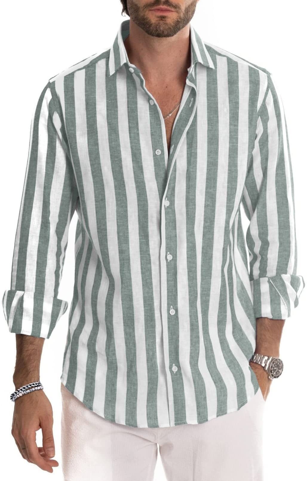 🔥Spring summer men's cotton linen striped button shirt-BUY 2 FREE SHIPPING