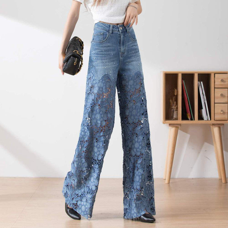 🔥 Summer Sale 50% Off Women's High-Waisted Blue Denim Wide-Leg Pants (Hollow-out Lace Panels)