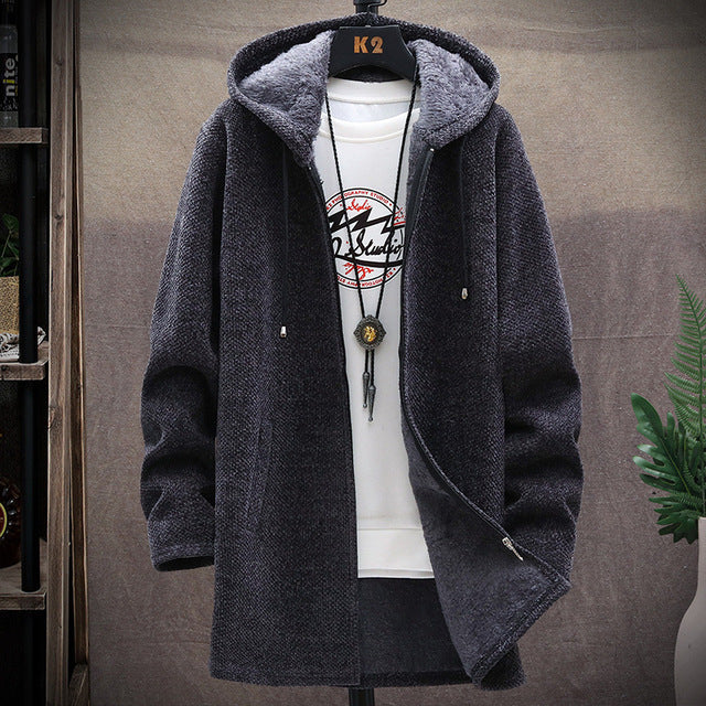 2024 Men Casual Sweaters Jacket Slim Long Thick Warm Hooded Sweater Coat