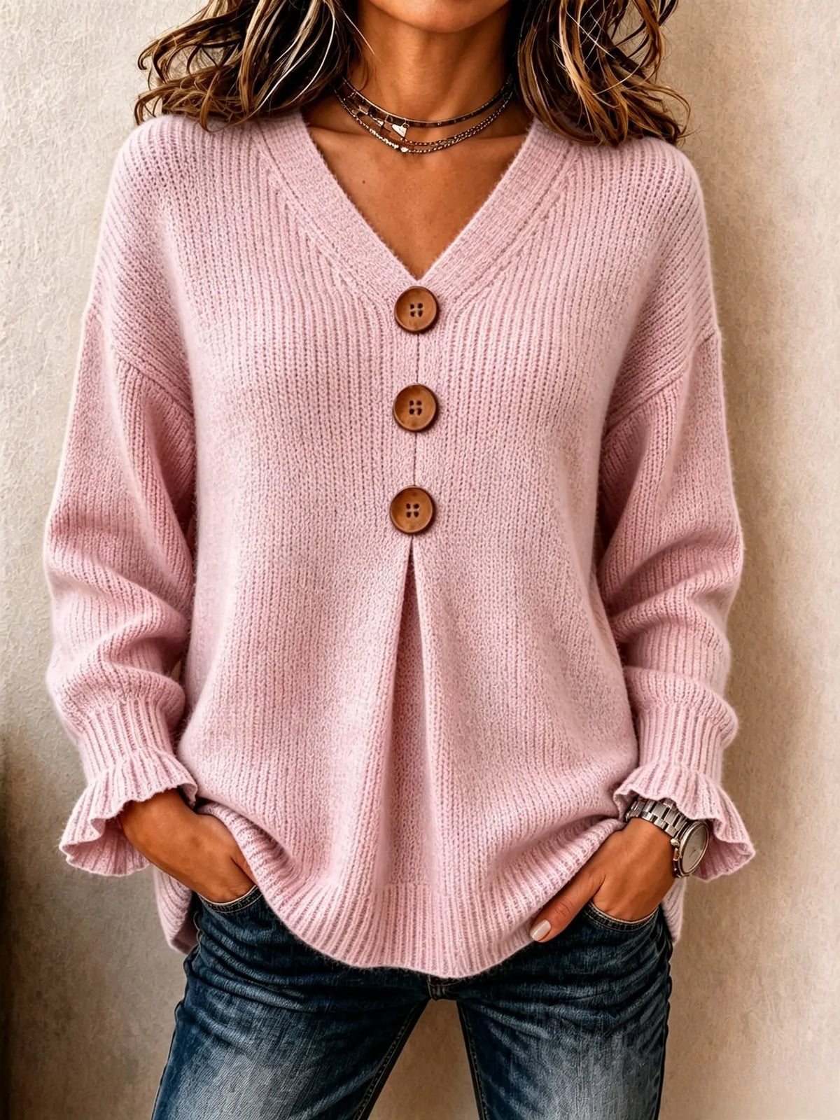 Women's Big Button Pleated V-Neck Knit Sweater