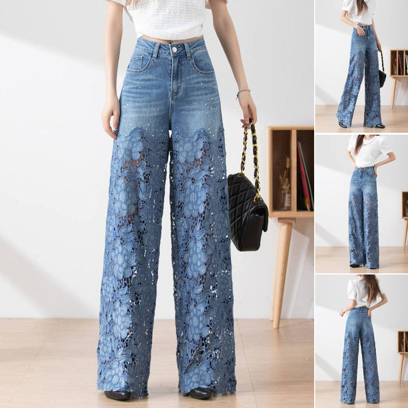 🔥 Summer Sale 50% Off Women's High-Waisted Blue Denim Wide-Leg Pants (Hollow-out Lace Panels)