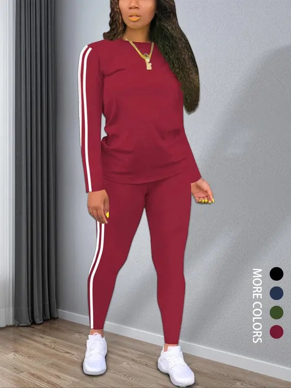 Women's Striped Print Long Sleeve Top & Pants Two-piece Set, Casual Fashion Cozy Round Neck Top & Trousers for Daily Outdoor Wear, Ladies Clothes