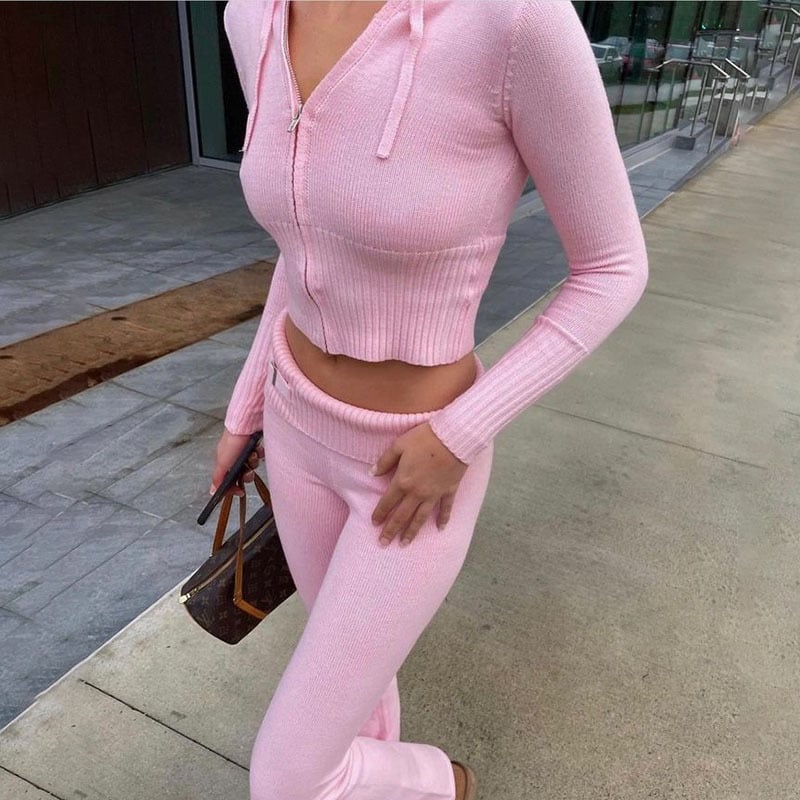 Zipper Knitted Hoodie Set