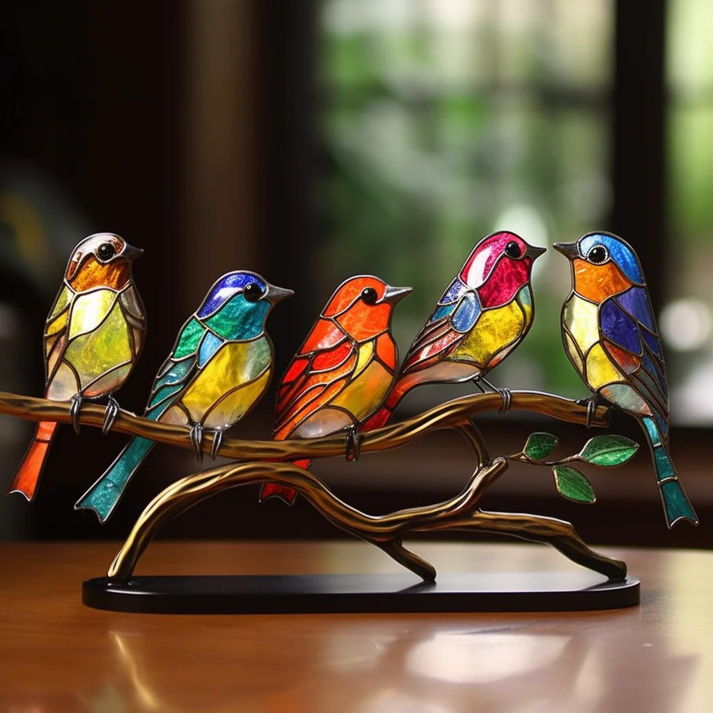 Colorful bird table decoration on tree branches