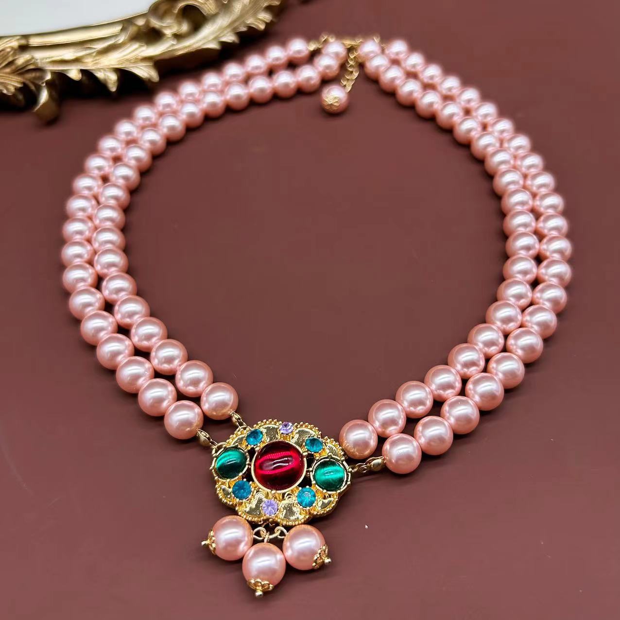 Pink glass pearl French light luxury middle-aged jewelry, sweet and lovely double pearl necklace