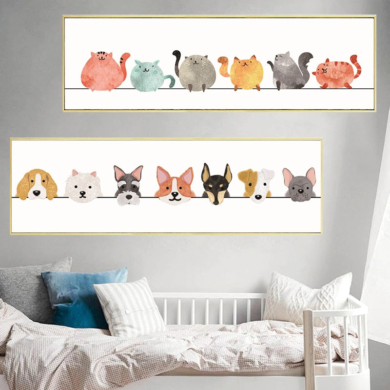 Cute Animal Cats and Dogs Art Canvas Poster for Wall