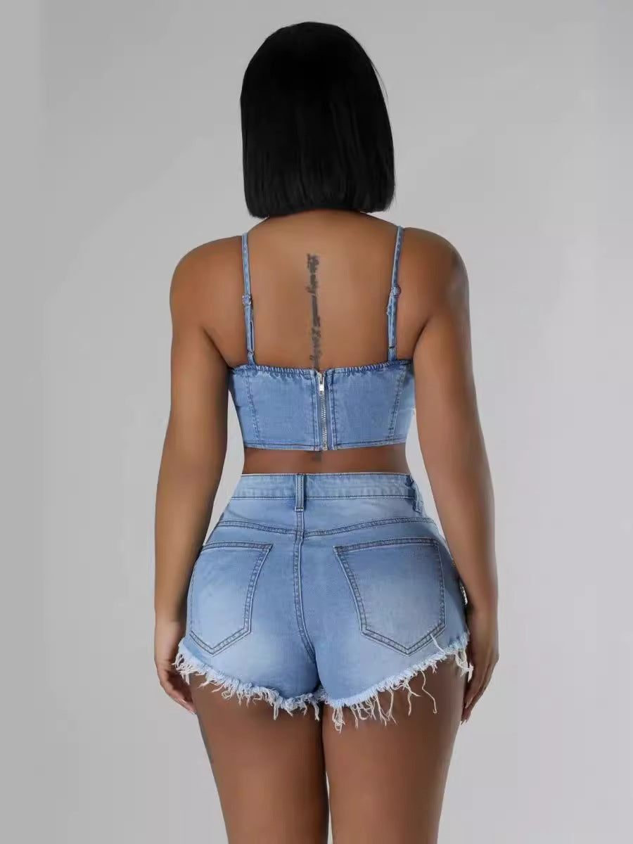 🌸Pearl Diamond Chain Denim Work Shorts Set