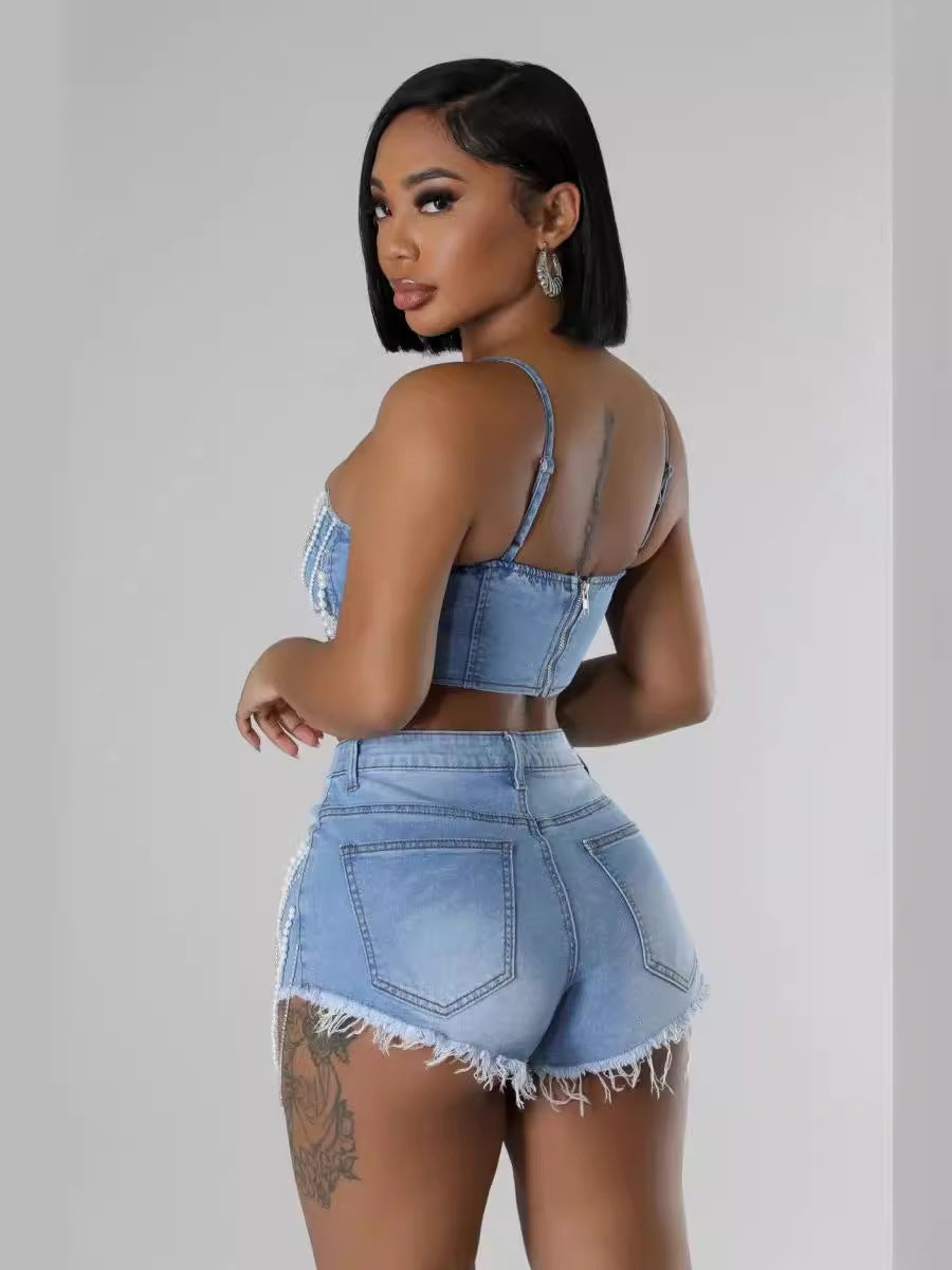 🌸Pearl Diamond Chain Denim Work Shorts Set