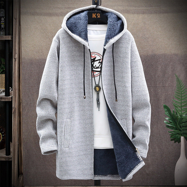 2024 Men Casual Sweaters Jacket Slim Long Thick Warm Hooded Sweater Coat