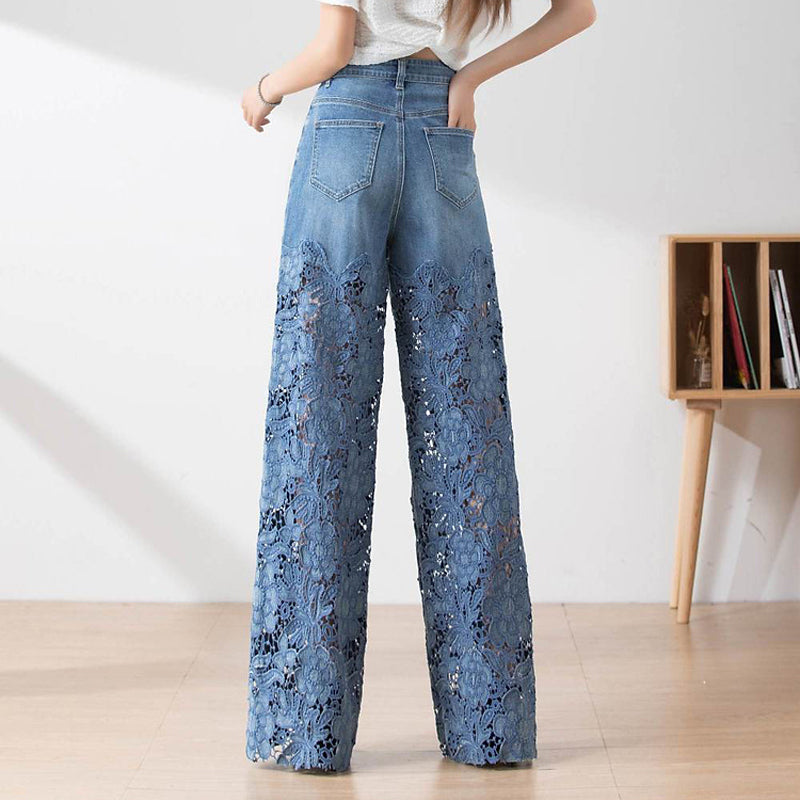 🔥 Summer Sale 50% Off Women's High-Waisted Blue Denim Wide-Leg Pants (Hollow-out Lace Panels)