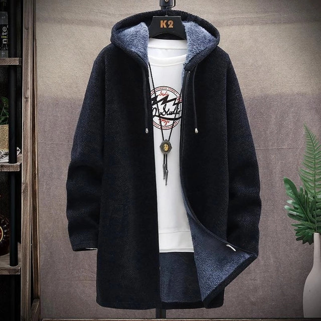 2024 Men Casual Sweaters Jacket Slim Long Thick Warm Hooded Sweater Coat