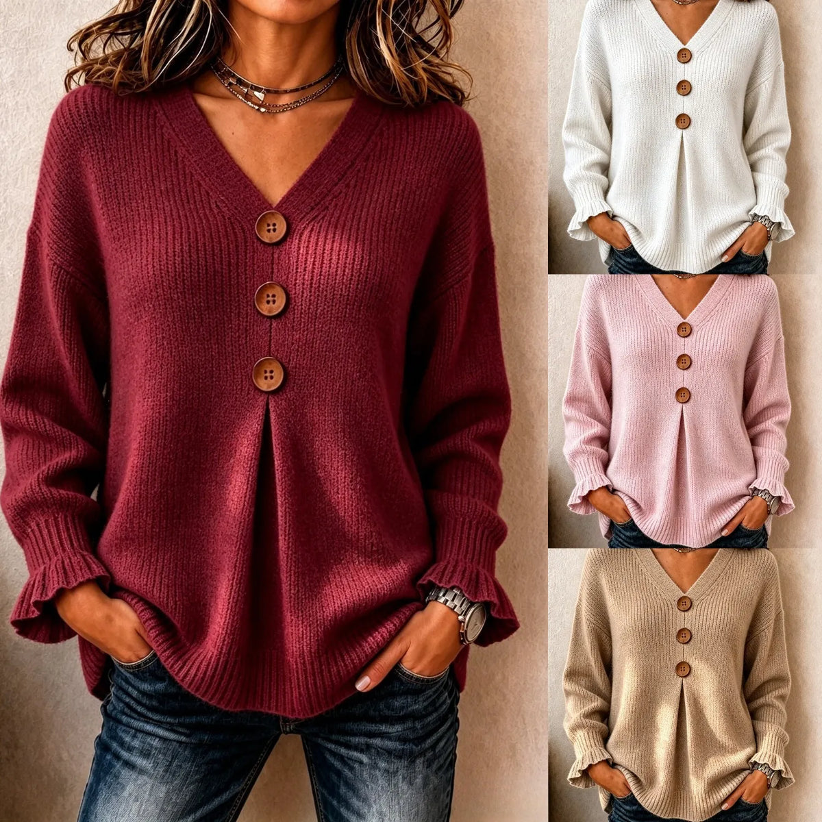 Women's Big Button Pleated V-Neck Knit Sweater