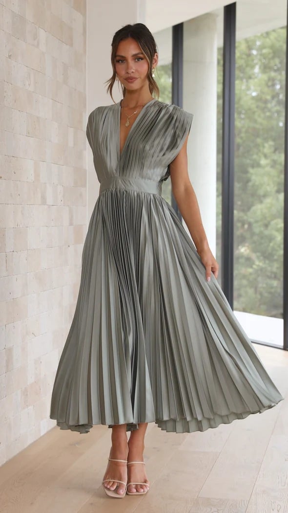 Timeless Elegance: Draped V-Neck Pleated Skirt Dress (Buy 2 Free Shipping)