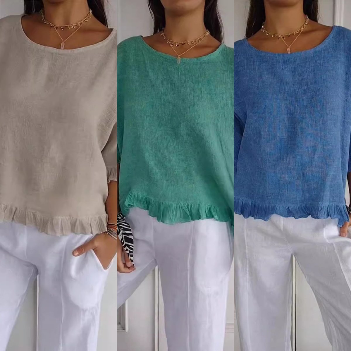 1pc Round Neck Ruffled Hem Striped Short-Sleeve Shirt main image 1
