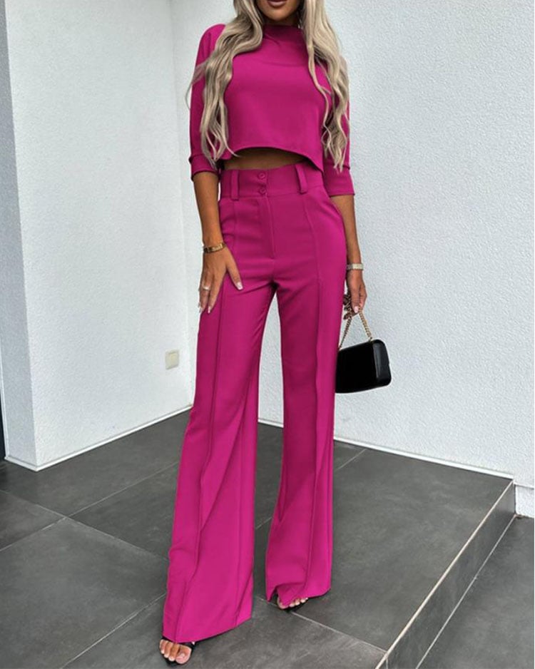 💥Hottest items this month - Solid Color Jacket & High Waist Straight Pants Set