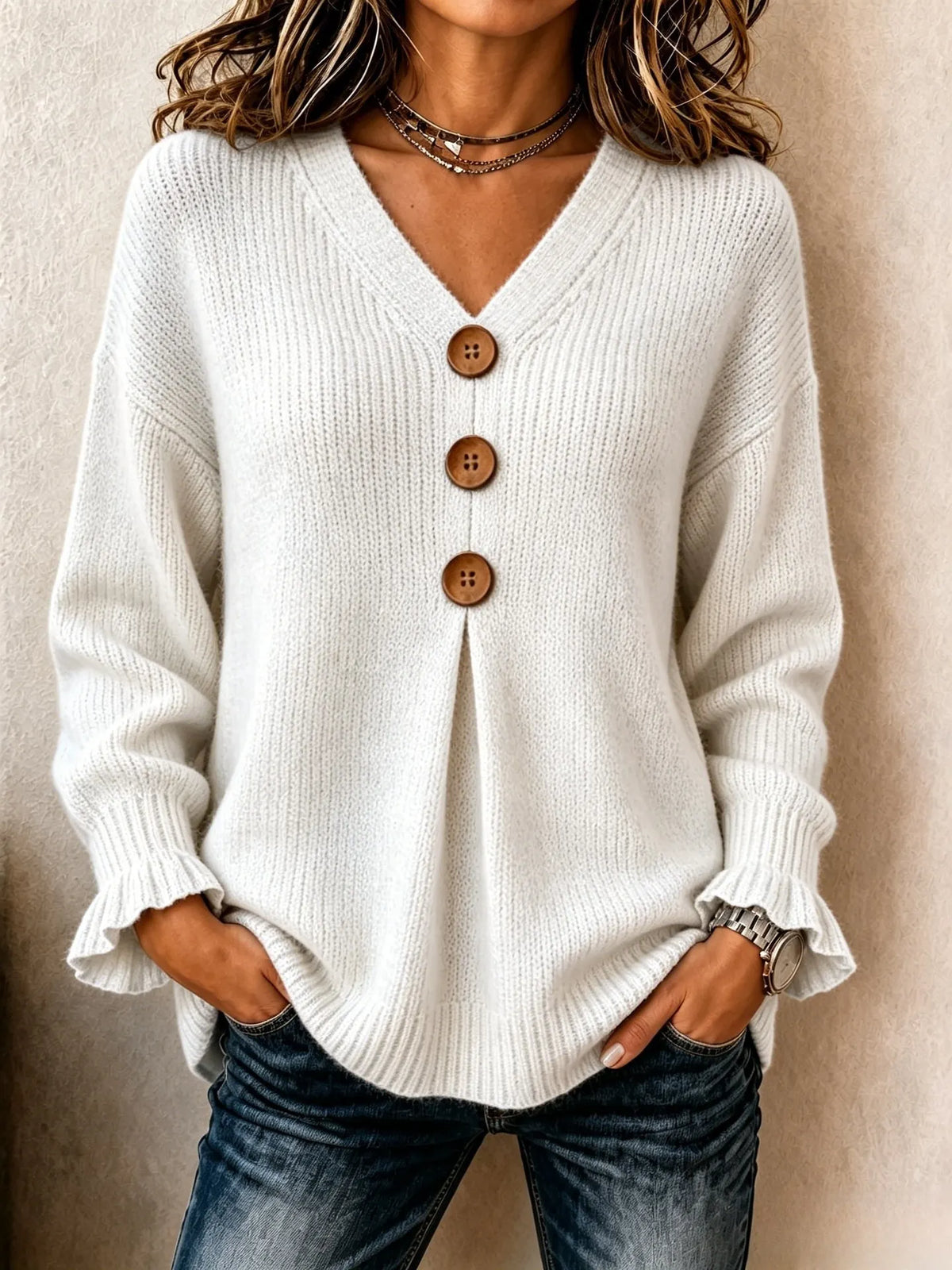 Women's Big Button Pleated V-Neck Knit Sweater