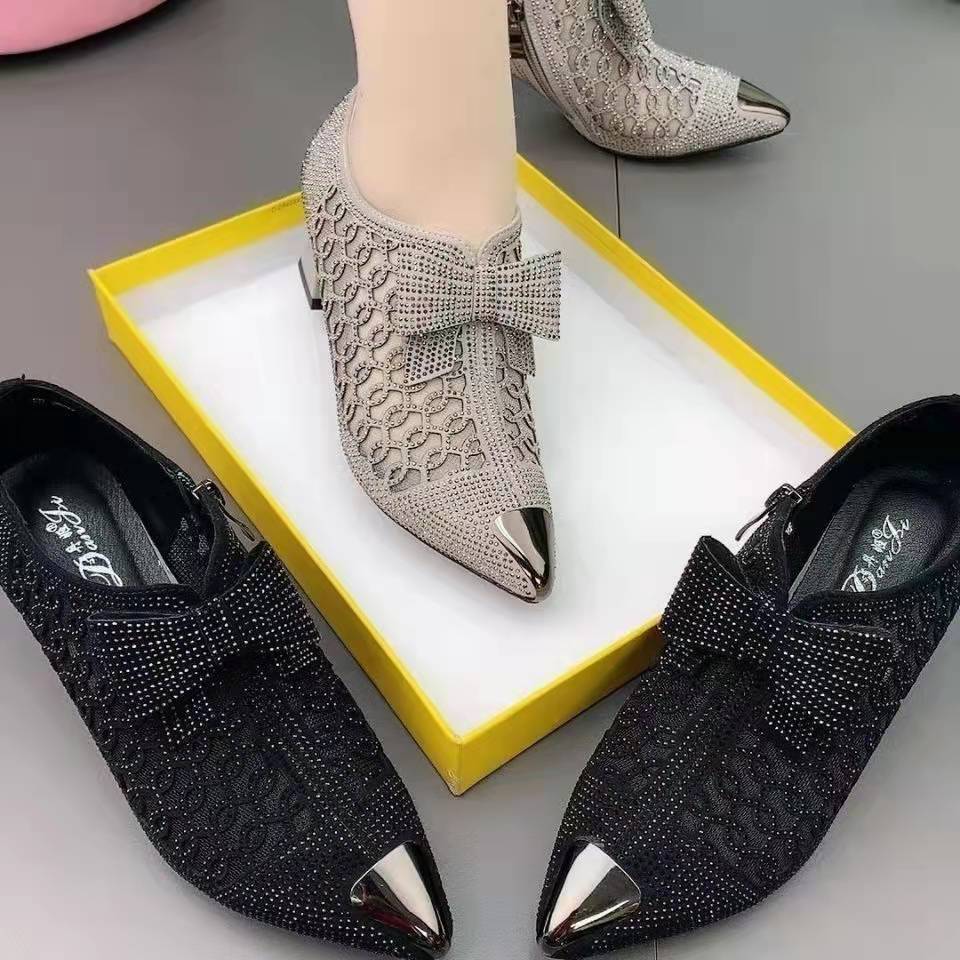 2024 summer casual  Rhinestone hollow chunky heel shoes and new belt buckle solid color plus size women's sandals