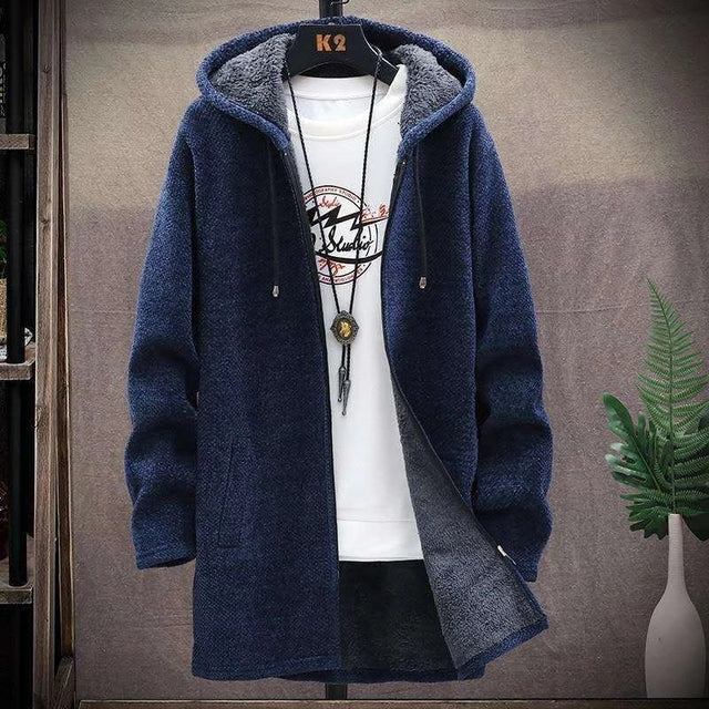 2024 Men Casual Sweaters Jacket Slim Long Thick Warm Hooded Sweater Coat