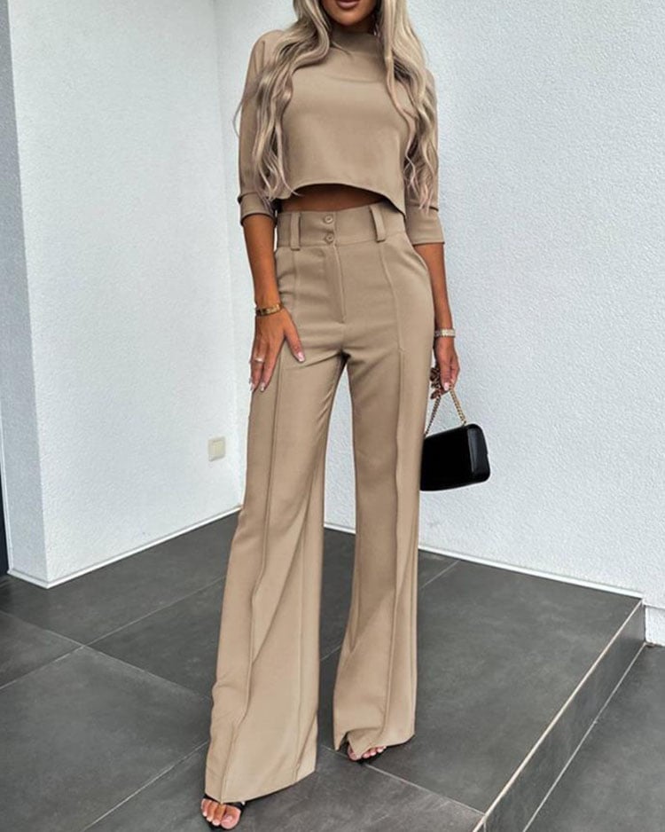 💥Hottest items this month - Solid Color Jacket & High Waist Straight Pants Set