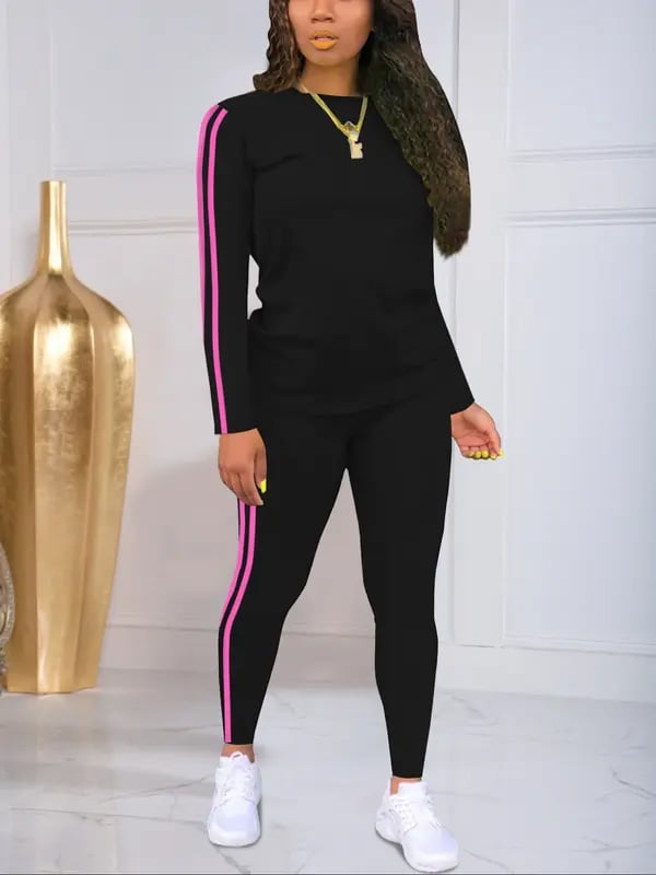 Women's Striped Print Long Sleeve Top & Pants Two-piece Set, Casual Fashion Cozy Round Neck Top & Trousers for Daily Outdoor Wear, Ladies Clothes