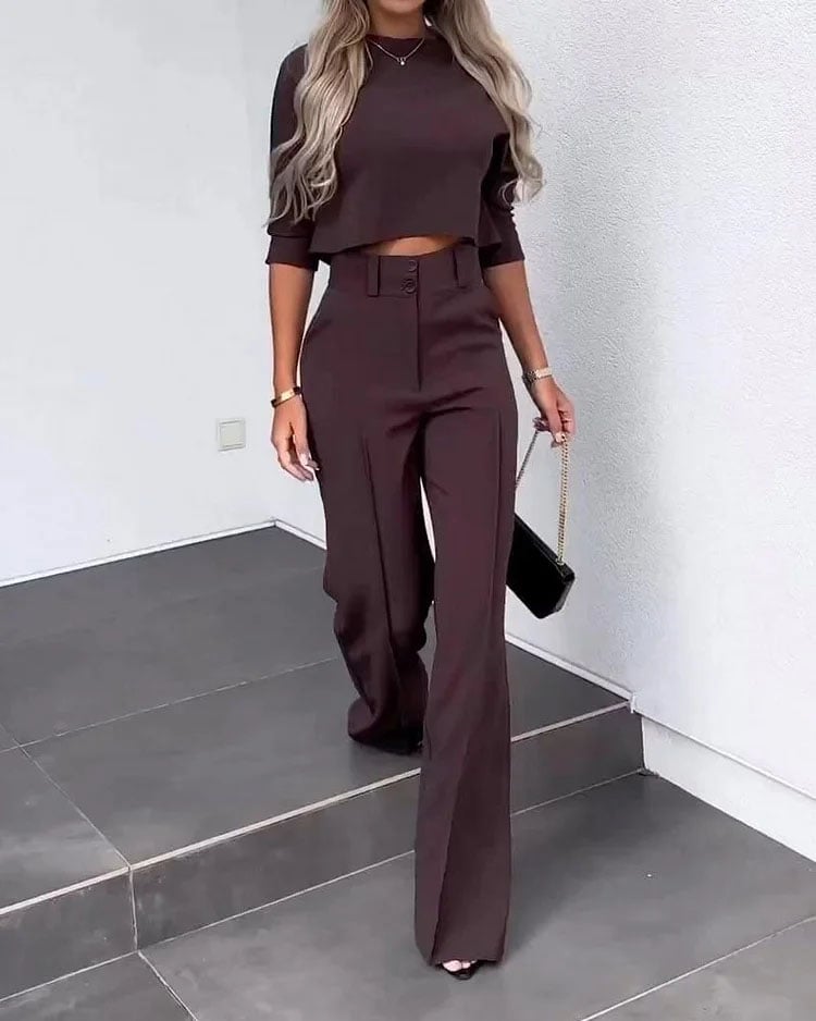 💥Hottest items this month - Solid Color Jacket & High Waist Straight Pants Set