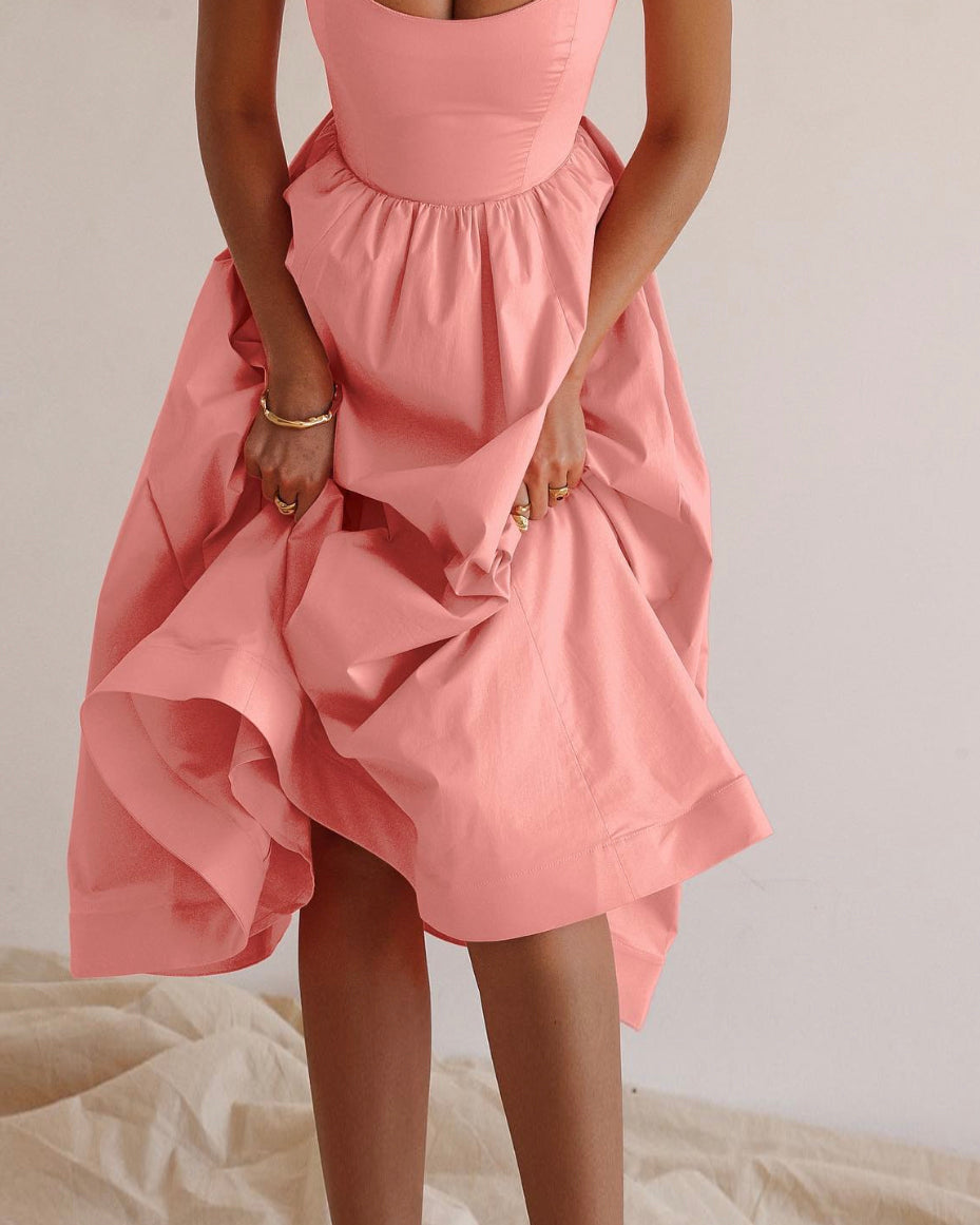 Solid V-neck Pleated Waist Dress