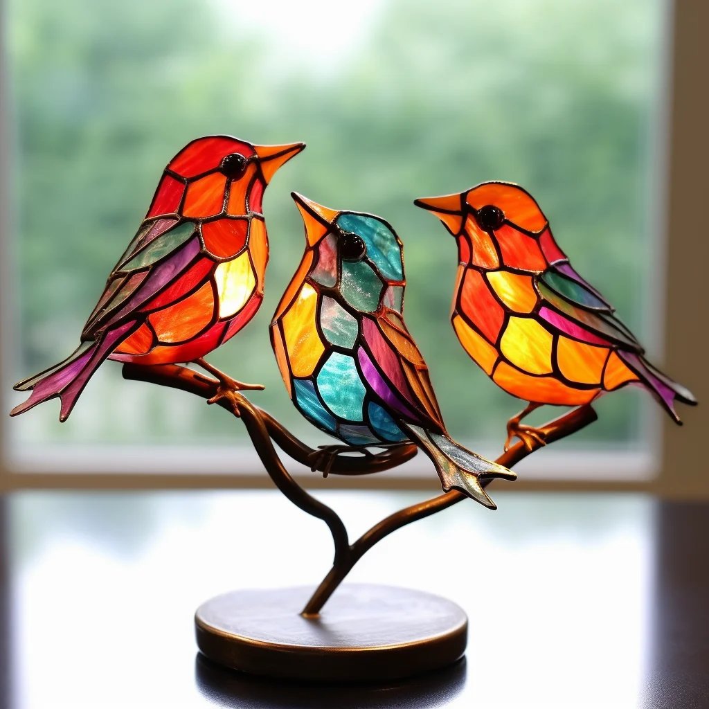 Colorful bird table decoration on tree branches