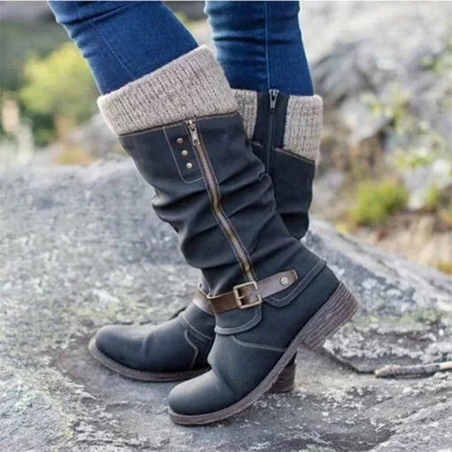 🔥LAST DAY -[40% OFF]Women’s Leather Flat Heel Mid-Calf Zipper Boots