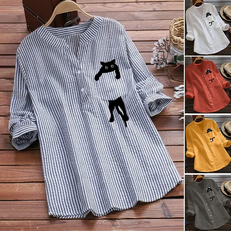 V-neck Cotton And Cat Print Long Sleeve Blouse