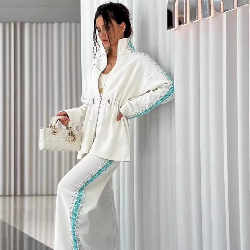 🔥Women's Elegant Sequin-Trimmed Top and Wide-Leg Pants Set