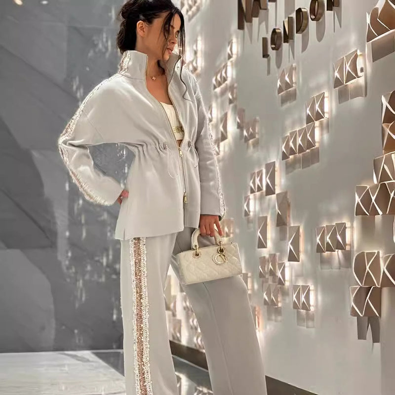 🔥Women's Elegant Sequin-Trimmed Top and Wide-Leg Pants Set